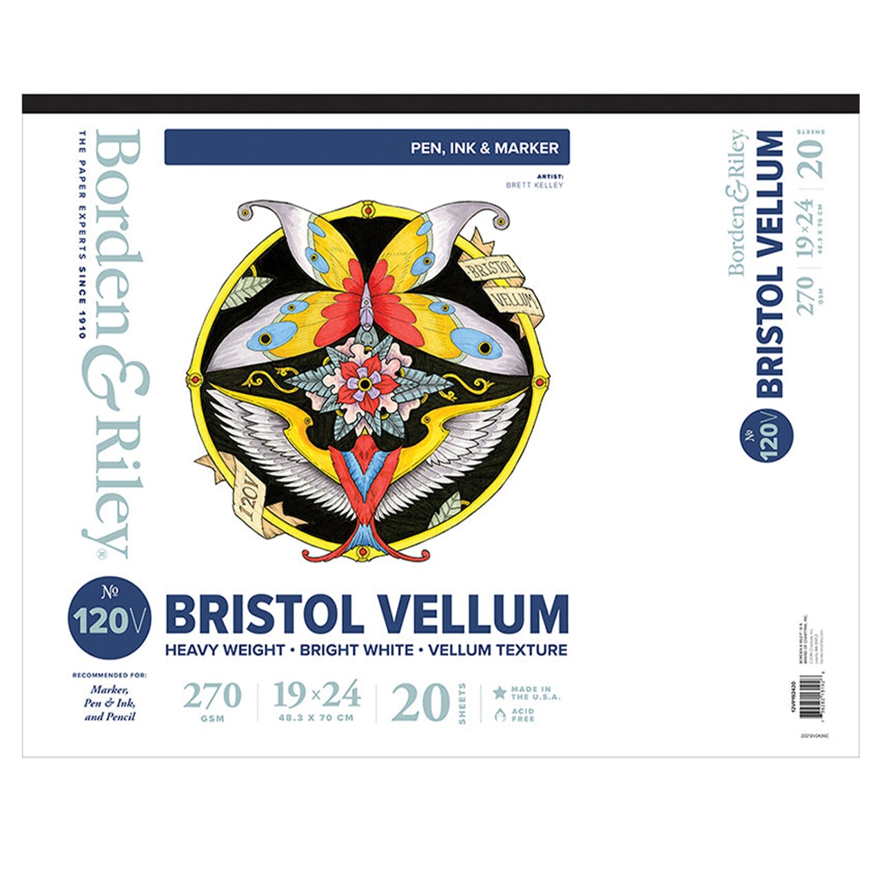 Borden & Riley #120V Bristol Vellum Pad, 270 GSM/157 lb., 20 White Sheets, 1 Pad Each